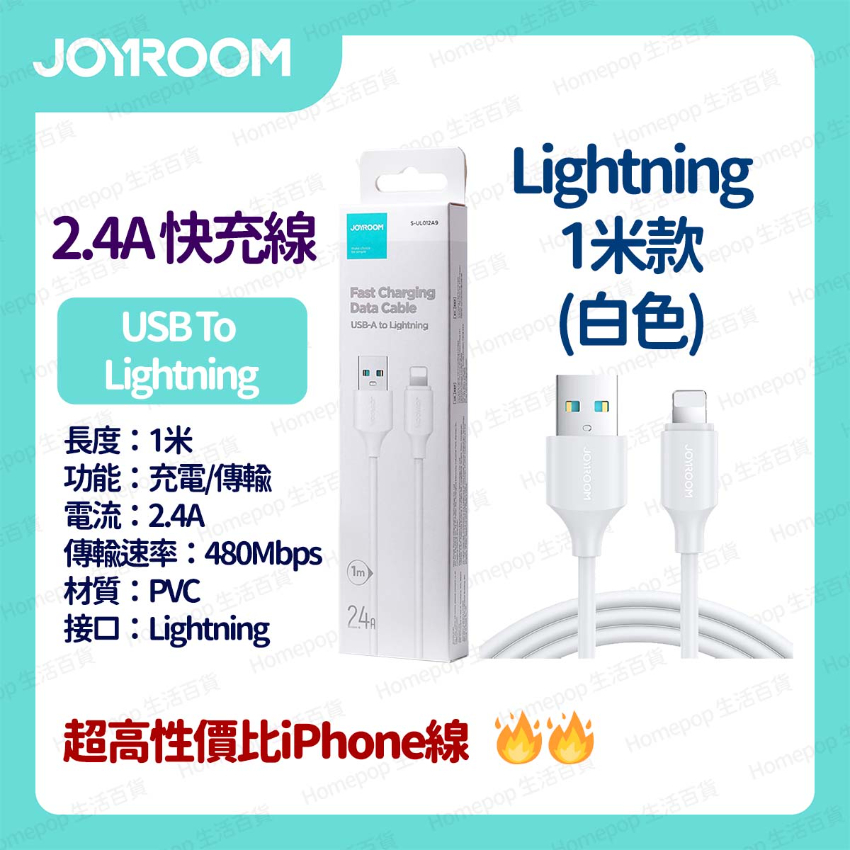 JOYROOM - 恆久系列 快速充電線 數據線 叉電線 (For iPhone iPad) USB to Lightning 1米 - 白色 (i1417WH)