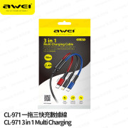 AWEI - CL-971 加粗充電線 三合一充電線 叉電線 編織線身 USB-A to Lightning+Type-C+Micro 2.4A 1.2米 -  (i1753)